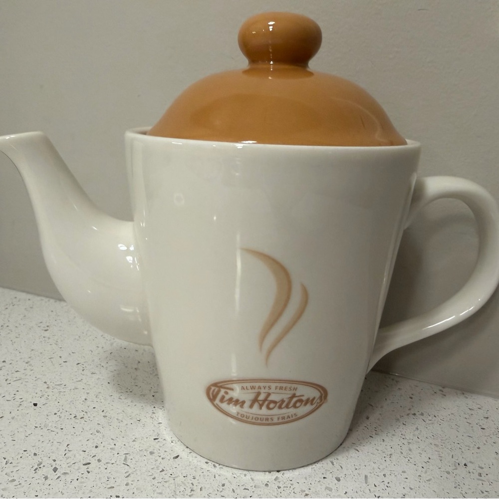 Tim Hortons White Ceramic Teapot Mug with Tan Lid